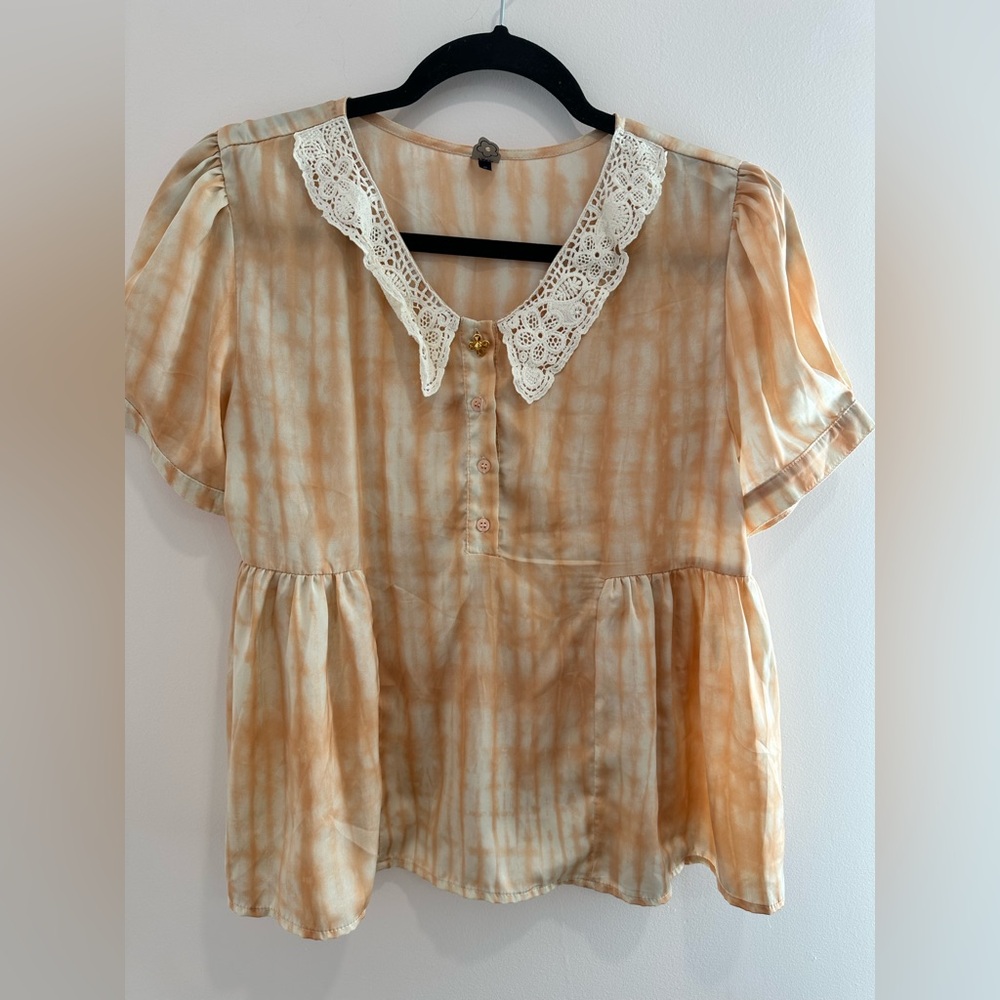 FARM RIO, Orange and White tie die, Peplum Blouse with Peter Pan Collar, Size G - Picture 2 of 8